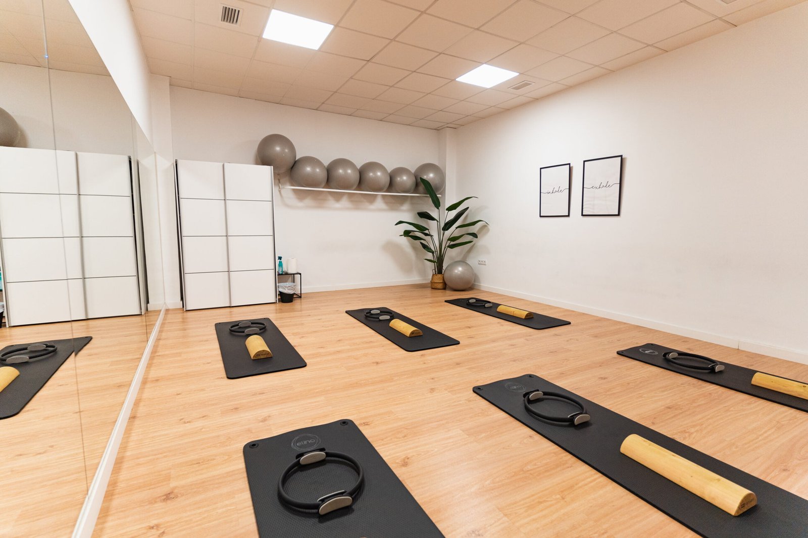 Espacio de una de la sala de pilates terapéutico de la Clínica Equilibrio Fisioterapia donde se puede apreciar elementos decorativos, colchonetas y mobiliario.